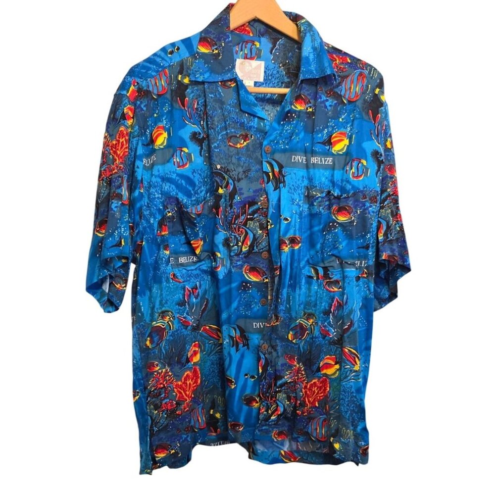 Hawaiian Shirt Large Aventure Wear Belize Men100% Rayon Ocean Fish Print